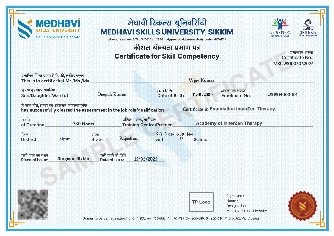 Medhavi Skills University - Sample Certificate